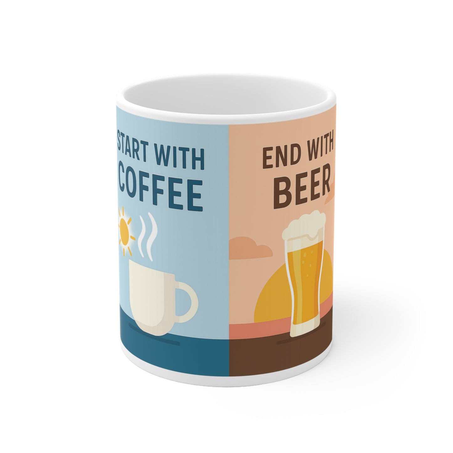Kaffee und Bier Keramik-Kaffeetasse - „Start with Coffee, end with beer“