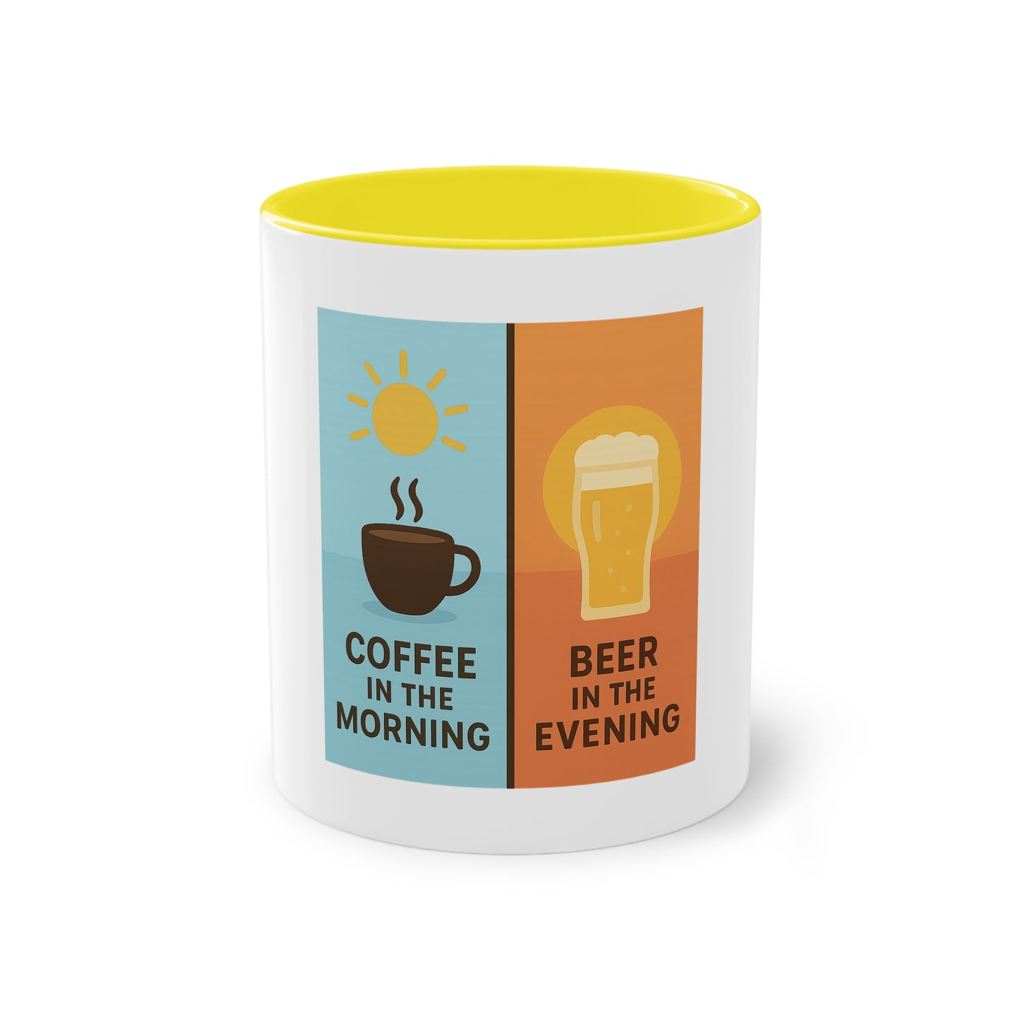 Two-tone coffee cup: Coffee in the morning, beer in the evening.