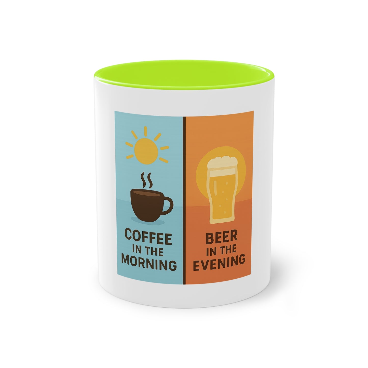 Two-tone coffee cup: Coffee in the morning, beer in the evening.