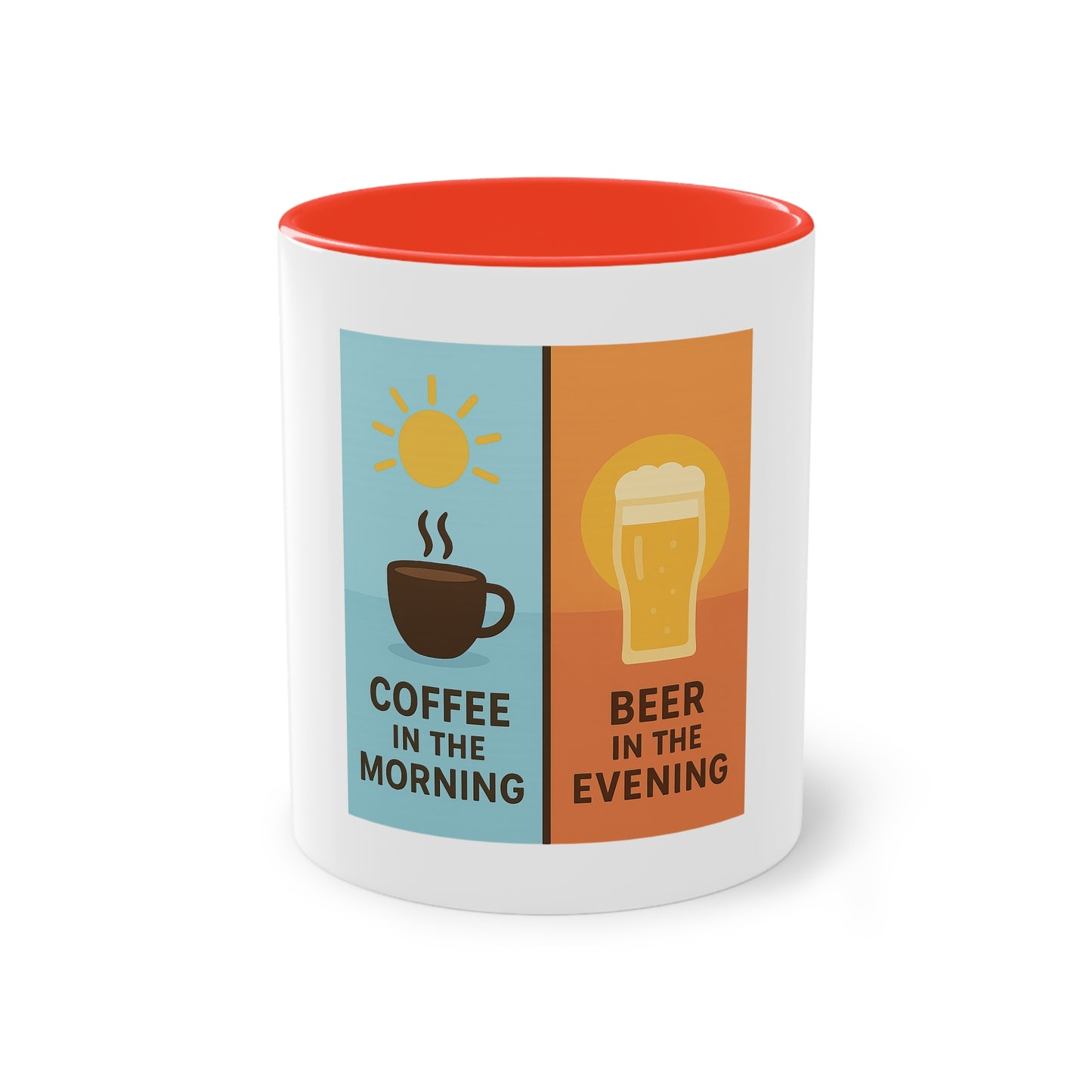 Two-tone coffee cup: Coffee in the morning, beer in the evening.
