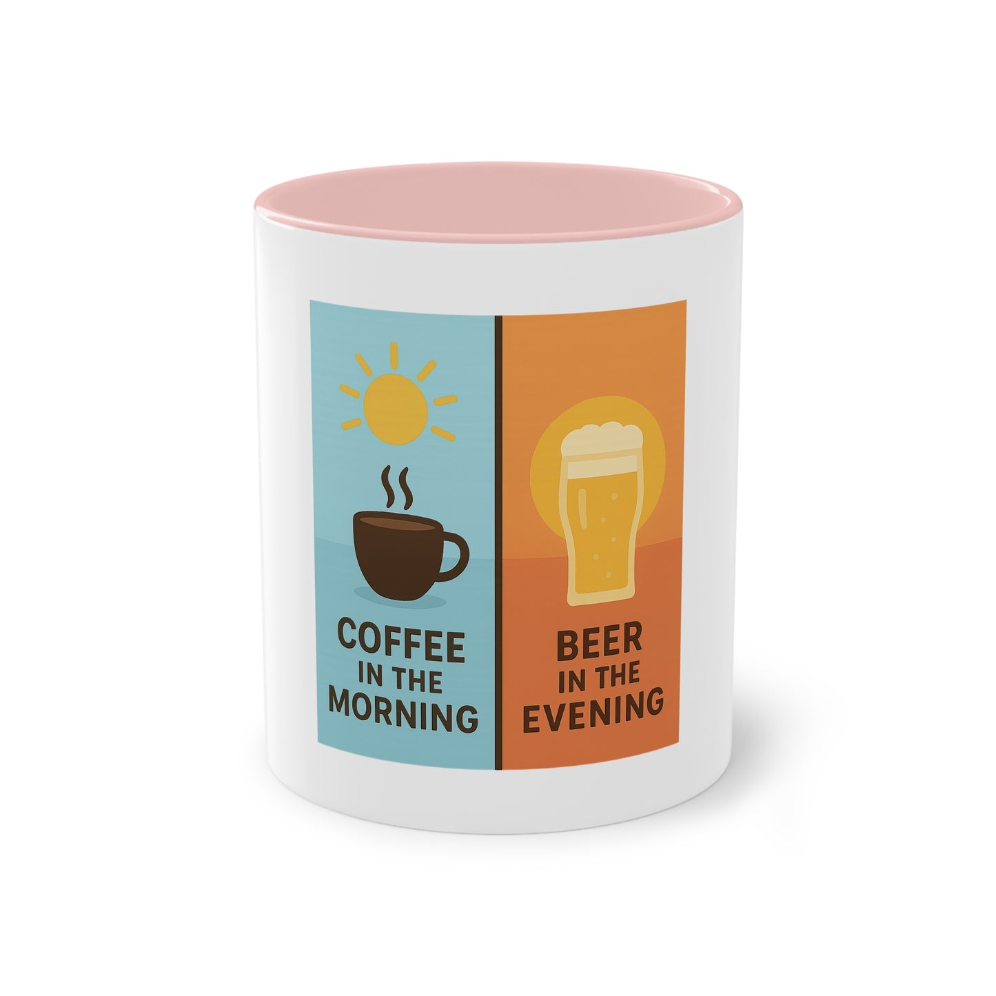 Two-tone coffee cup: Coffee in the morning, beer in the evening.